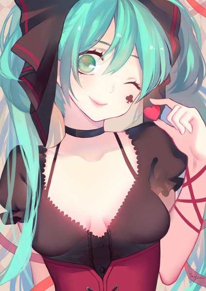 Anime picture 2480x3507 with vocaloid hatsune miku slyvia single long hair tall image looking at viewer blush fringe highres breasts smile hair between eyes twintails holding green eyes payot cleavage upper body one eye closed