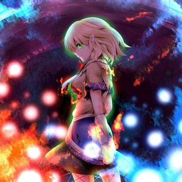 Anime picture 1280x1280 with touhou mizuhashi parsee miki plus single short hair blonde hair green eyes profile looking back pointy ears torn clothes girl