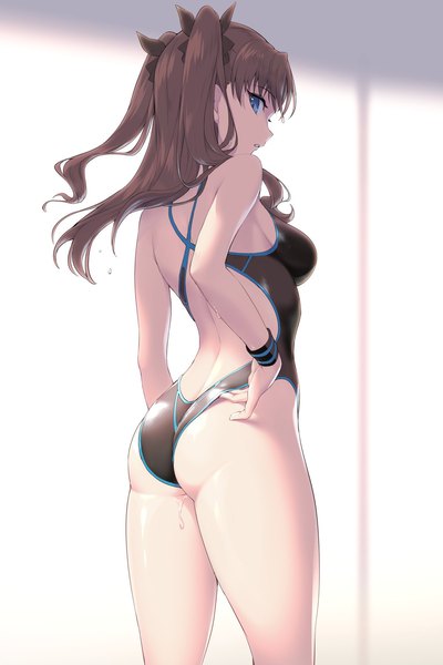 Anime picture 1200x1800 with fate (series) fate/stay night toosaka rin gomashio ponz single long hair tall image looking at viewer fringe breasts blue eyes light erotic brown hair standing ass indoors parted lips profile looking back from behind