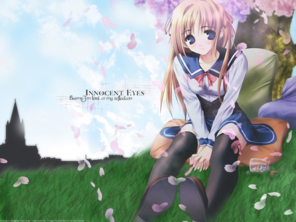 Anime picture 1600x1200 with megami magazine girl's avenue masaharu melonchen single long hair looking at viewer blue eyes blonde hair smile sitting signed outdoors wallpaper soles third-party edit against tree girl plant (plants) petals