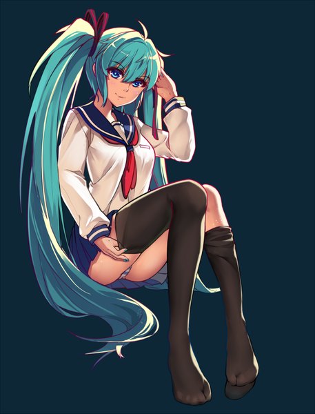 Anime picture 1500x1969 with vocaloid hatsune miku baisi shaonian single long hair tall image looking at viewer fringe blue eyes light erotic simple background smile sitting twintails blue hair bent knee (knees) nail polish pleated skirt no shoes black background