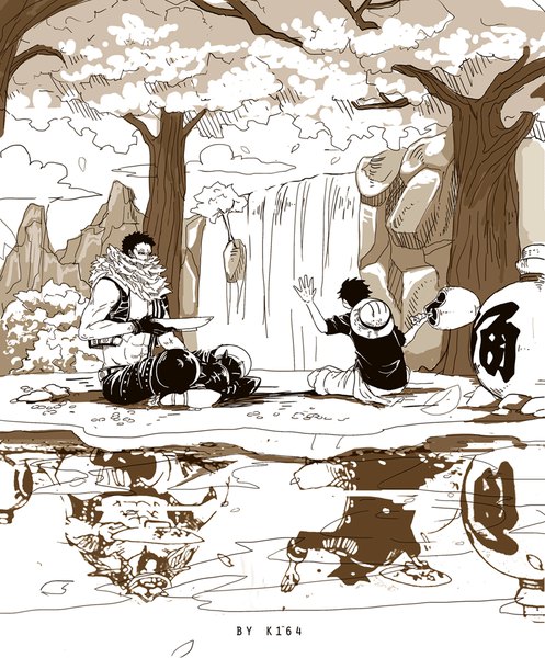 Anime picture 1000x1205 with one piece toei animation monkey d. luffy edward newgate charlotte katakuri gol d roger k164 tall image short hair black hair sitting holding signed looking away cloud (clouds) outdoors open jacket multiple boys monochrome reflection