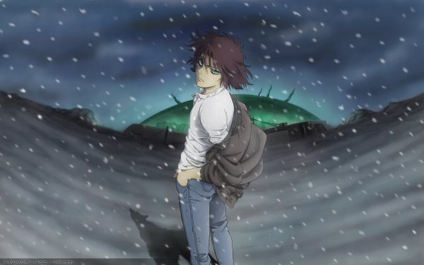 Anime picture 2560x1600 with wolfs rain studio bones kiba highres short hair brown hair wide image green eyes city snowing winter snow boy jacket jeans