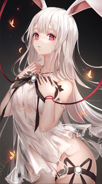 Anime picture 720x1294 with original unity (ekvmsp02) single long hair tall image looking at viewer fringe breasts light erotic simple background red eyes standing signed animal ears white hair parted lips bunny ears thigh gap black background girl