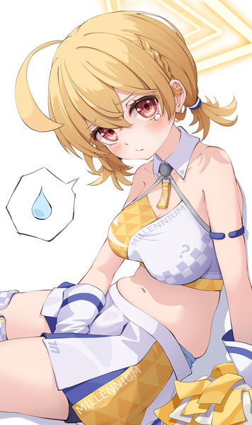 Anime picture 1145x1928 with blue archive kotori (blue archive) kotori (cheerleader) (blue archive) shijima (shijima tc) single tall image looking at viewer blush fringe short hair light erotic simple background blonde hair hair between eyes red eyes white background sitting twintails ahoge midriff