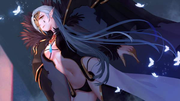 Anime picture 4000x2250 with dungeon and fighter heiyizhushenxia single long hair highres breasts light erotic wide image standing brown eyes looking away absurdres silver hair pointy ears from below dutch angle facial mark girl navel insect