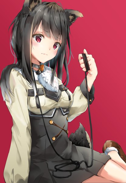 Anime picture 2667x3858 with original hotaru (pixiv31865433) single long hair tall image looking at viewer blush fringe highres breasts black hair simple background red eyes sitting holding animal ears tail animal tail fur trim red background