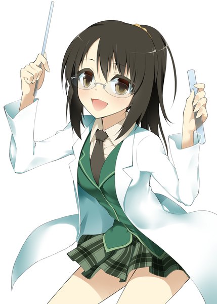 Anime picture 1036x1449 with boku wa tomodachi ga sukunai shiguma rika mattari yufi (artist) single long hair tall image black hair simple background white background brown eyes ponytail girl skirt uniform school uniform miniskirt glasses green skirt labcoat