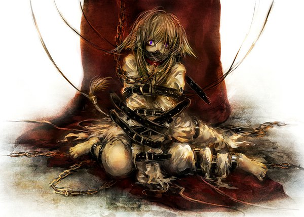 Anime picture 1000x716 with original 317/miiina (pixiv) single short hair sitting purple eyes animal ears tail belt chain collar shackles handcuffs