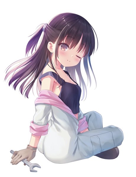 Anime picture 1280x1665 with original na-ga single long hair tall image looking at viewer fringe breasts light erotic simple background smile brown hair white background sitting brown eyes full body one eye closed off shoulder open clothes arm support