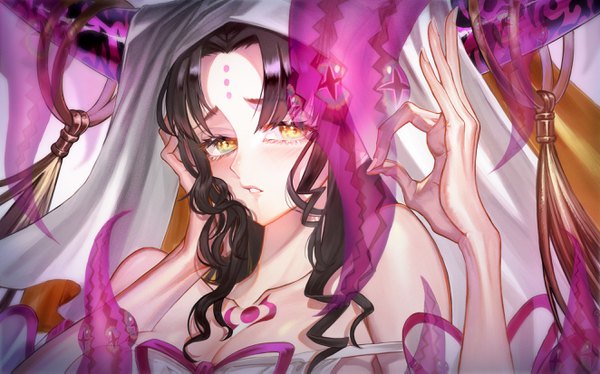 Anime picture 2648x1653 with fate (series) fate/grand order fate/extra fate/extra ccc sesshouin kiara demon pillar (fate/grand order) ota (ota-0000) single long hair looking at viewer highres black hair wide image yellow eyes upper body parted lips horn (horns) ok sign girl tentacles