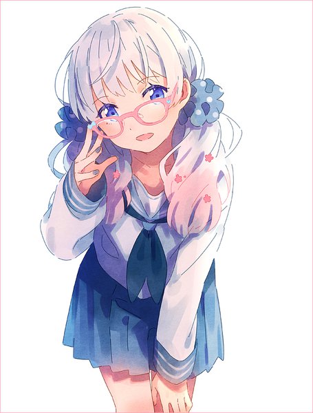 Anime picture 700x922 with original hakusai (tiahszld) single long hair tall image looking at viewer open mouth blue eyes simple background white background twintails white hair nail polish :d leaning leaning forward low twintails black nail polish hand on knee adjusting glasses