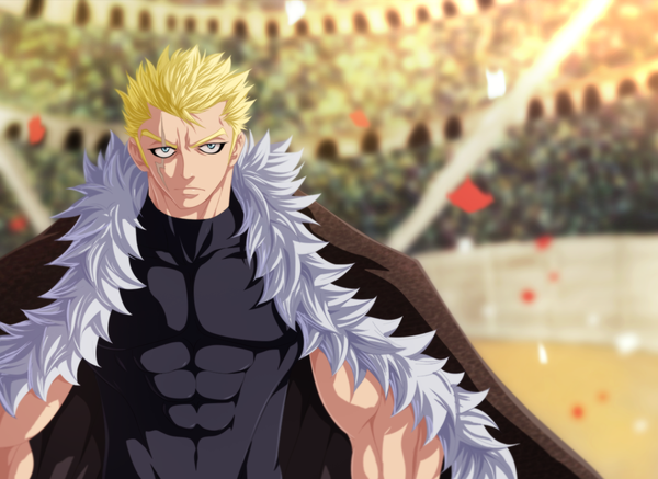 Anime picture 1358x990 with fairy tail laxus dreyar tremblax single short hair blue eyes blonde hair coloring scar muscle boy fur cloak