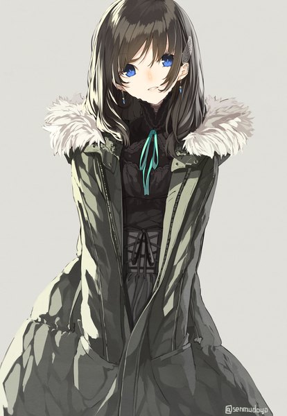 Anime picture 1380x2000 with original senmu single long hair tall image looking at viewer blue eyes black hair simple background grey background hands in pockets girl earrings jacket