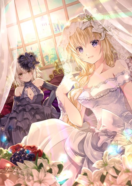 Anime picture 1062x1500 with fate (series) fate/grand order jeanne d'arc (fate) (all) jeanne d'arc alter (fate) jeanne d'arc (fate) iroha (shiki) long hair tall image looking at viewer blush fringe short hair breasts open mouth blonde hair smile hair between eyes sitting purple eyes bare shoulders