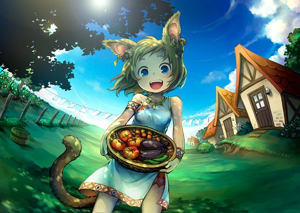 Anime picture 1000x713 with original satose hotori single looking at viewer blush short hair open mouth blue eyes blonde hair smile holding animal ears sky tail animal tail girl dress plant (plants) tree (trees) bracelet
