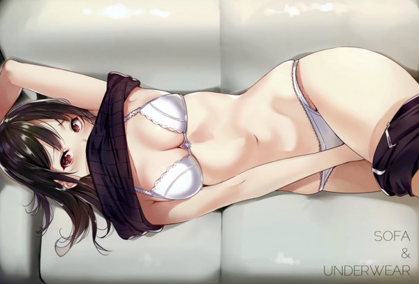 Anime-Bild 2980x2025 mit original yuran (cozyquilt) single long hair looking at viewer blush fringe highres breasts light erotic black hair red eyes cleavage lying scan armpit (armpits) text skindentation on side undressing