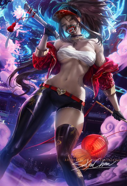 Anime-Bild 684x1000 mit league of legends k/da (league of legends) akali (league of legends) k/da akali sakimichan single long hair tall image looking at viewer fringe breasts light erotic hair between eyes brown hair standing bare shoulders holding brown eyes signed payot