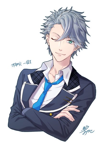 Anime picture 847x1200 with starry sky shiranui kazuki kuwa ayase single tall image looking at viewer fringe short hair simple background smile hair between eyes white background green eyes signed upper body one eye closed grey hair crossed arms boy uniform