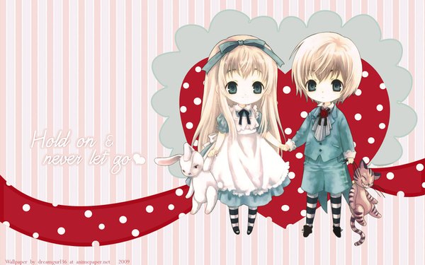 Anime picture 1920x1200 with azumi tooru long hair highres short hair blonde hair wide image holding hands striped chibi striped background girl thighhighs dress boy bow ribbon (ribbons) hair bow hair ribbon heart apron