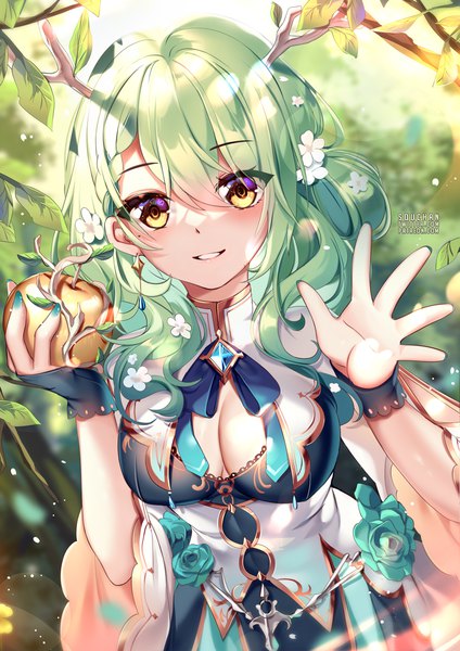 Anime picture 884x1250 with virtual youtuber hololive hololive english ceres fauna ceres fauna (1st costume) squchan single long hair tall image looking at viewer blush fringe breasts smile hair between eyes large breasts standing holding signed yellow eyes
