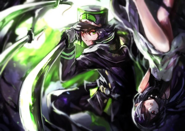 Anime-Bild 4093x2894 mit owari no seraph wit studio hyakuya yuuichirou ashuramaru amamitsu kousuke fringe highres short hair open mouth black hair smile red eyes bare shoulders green eyes absurdres pointy ears hair over one eye multiple boys fighting stance upside down