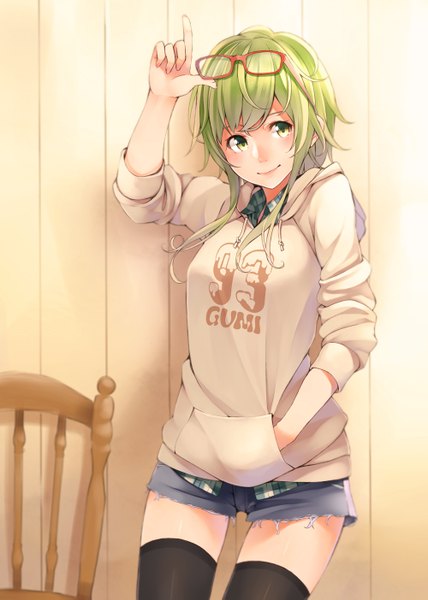 Anime picture 1000x1403 with vocaloid gumi retsuna single tall image looking at viewer short hair green eyes green hair hand in pocket girl thighhighs black thighhighs glasses shorts
