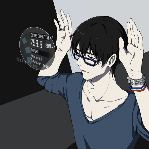 Anime picture 1280x1280 with zankyou no terror mappa nine nipuni single fringe short hair open mouth black hair simple background looking away inscription grey background arms up pale skin boy glasses clock pocket watch