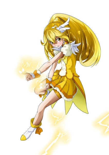 Anime picture 1446x2045 with precure smile precure! toei animation kise yayoi cure peace nukosann single long hair tall image blonde hair white background yellow eyes ponytail girl dress