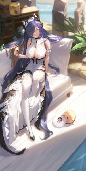 Anime picture 1200x2377 with azur lane manjuu (azur lane) august von parseval (azur lane) august von parseval (the conquered unhulde) (azur lane) dongfangzhong111 single tall image looking at viewer fringe breasts blue eyes light erotic large breasts sitting holding blue hair full body bent knee (knees) outdoors very long hair