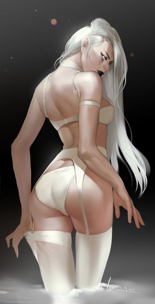 Anime picture 900x1757 with original lsr single long hair tall image looking at viewer blue eyes light erotic simple background smile standing bare shoulders signed ass white hair lips from behind underwear only lipstick partially submerged