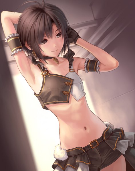 Anime picture 837x1063 with idolmaster kikuchi makoto nekopuchi single tall image fringe short hair black hair smile looking away indoors black eyes midriff girl gloves navel choker black gloves shorts belt