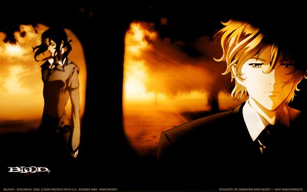 Anime picture 1680x1050 with blood+ production i.g haji goldsmith solomon long hair short hair black hair blonde hair wide image yellow eyes copyright name boy plant (plants) tree (trees)