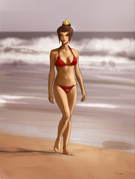 Anime picture 1280x1693 with avatar: the last airbender nickelodeon azula darren geers single tall image looking at viewer highres short hair breasts light erotic brown hair bare shoulders yellow eyes barefoot beach sand sketch girl navel
