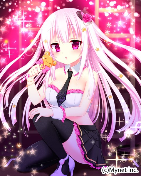 Anime picture 720x900 with original aoi yun single long hair tall image blush light erotic pink hair bent knee (knees) pleated skirt pink eyes hair flower :o high heels girl thighhighs skirt hair ornament flower (flowers) black thighhighs