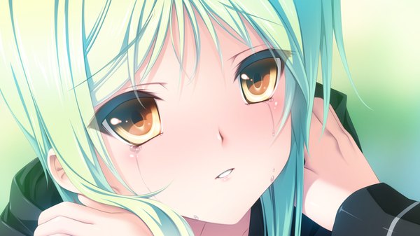 Anime picture 1280x720 with racial merge senomoto hisashi single long hair looking at viewer wide image yellow eyes game cg aqua hair tears face girl