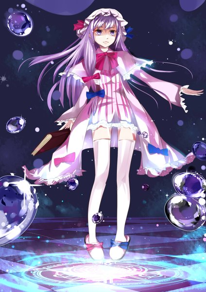 Anime picture 2480x3507 with touhou patchouli knowledge momoyang long hair tall image highres purple eyes purple hair girl thighhighs dress bow hair bow white thighhighs book (books) bonnet bubble (bubbles)