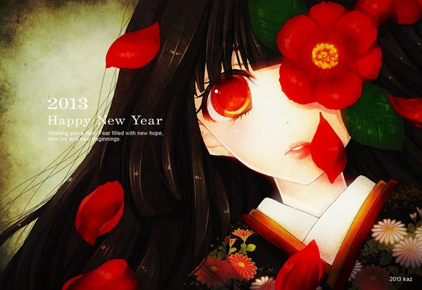Anime picture 1000x686 with original ichimatsu nana single long hair looking at viewer black hair upper body traditional clothes parted lips japanese clothes lips lipstick floral print red lipstick new year happy new year flower over eye 2013 girl flower (flowers)
