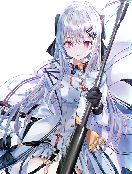 Anime picture 1000x1319 with girls frontline iws-2000 (girls frontline) nabi (uz02) single long hair tall image looking at viewer blush fringe simple background hair between eyes white background sitting holding payot silver hair parted lips pleated skirt pink eyes open clothes