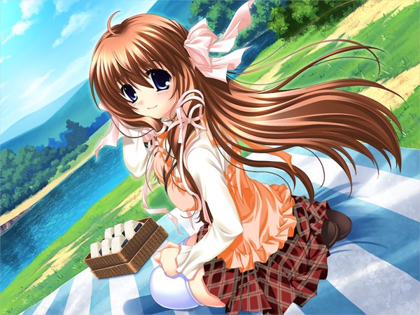 Anime picture 1024x768 with green strawberry single long hair blue eyes smile brown hair sitting game cg girl thighhighs ribbon (ribbons) hair ribbon white thighhighs food onigiri