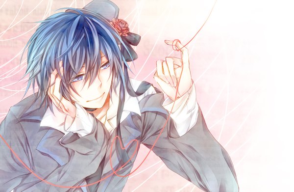 Anime picture 1600x1045 with vocaloid kaito (vocaloid) single short hair blue eyes blue hair looking away light smile heart of string boy flower (flowers) hat heart thread red thread