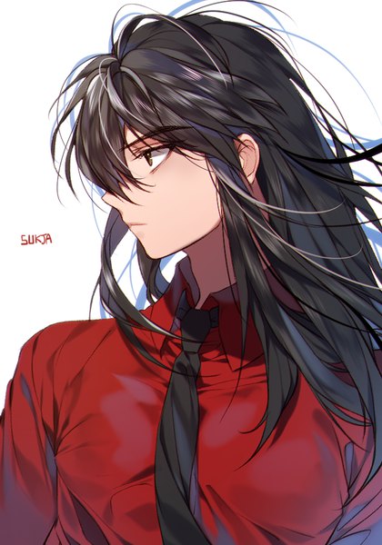 Anime picture 700x1000 with inuyasha inuyasha (character) inuyasha (human form) sorolp single long hair tall image fringe black hair simple background hair between eyes white background brown eyes signed looking away upper body wind portrait boy shirt