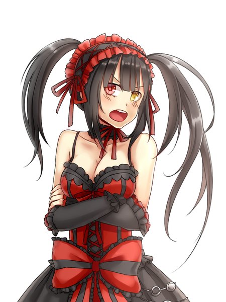 Anime picture 1200x1600 with date a live tokisaki kurumi mikitsui single long hair tall image looking at viewer blush highres breasts open mouth black hair red eyes standing twintails bare shoulders yellow eyes cleavage :d heterochromia