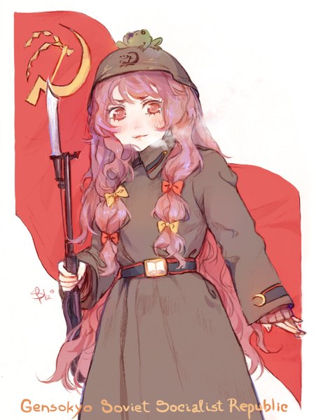 Anime picture 990x1318 with touhou patchouli knowledge svveetberry single long hair tall image looking at viewer fringe smile white background purple eyes holding purple hair long sleeves alternate costume text english exhalation animal on head hammer and sickle