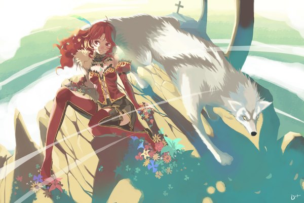 Anime picture 1680x1120 with vofan long hair smile red eyes sitting bare shoulders ahoge red hair girl thighhighs flower (flowers) detached sleeves jewelry feather (feathers) cross wolf