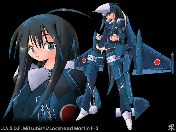 Anime picture 1024x768 with yonezuka ryou long hair light erotic ahoge military mecha musume underwear panties zipper aircraft airplane jet f-2