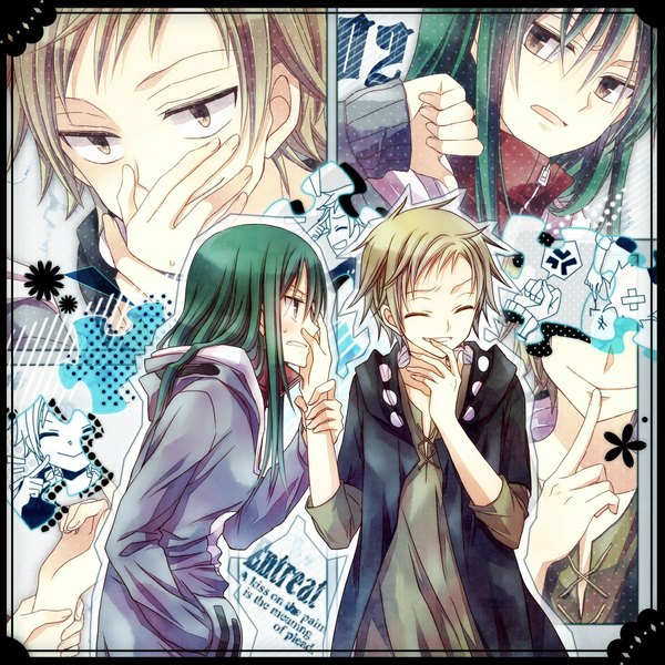 Anime picture 1000x1000 with kagerou project shaft (studio) kido tsubomi kano shuuya long hair blush short hair open mouth blonde hair smile looking away eyes closed green hair light smile inscription grey eyes girl boy puzzle