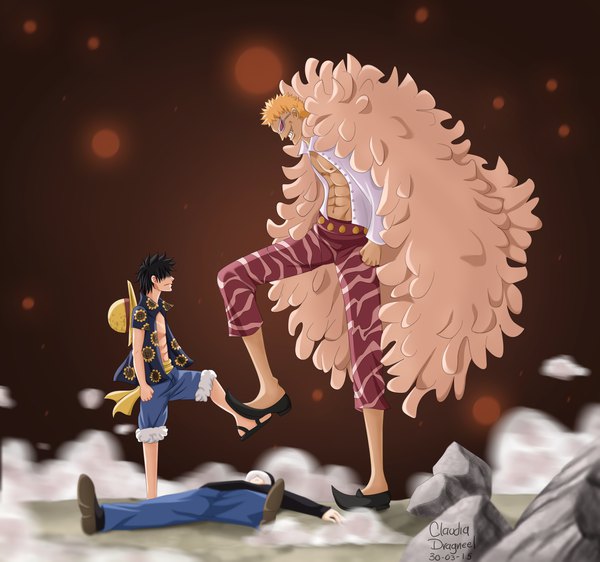 Anime picture 2676x2508 with one piece toei animation monkey d. luffy trafalgar law donquixote doflamingo claudiadragneel highres short hair black hair blonde hair smile standing signed full body lying profile multiple boys on back open shirt fur trim