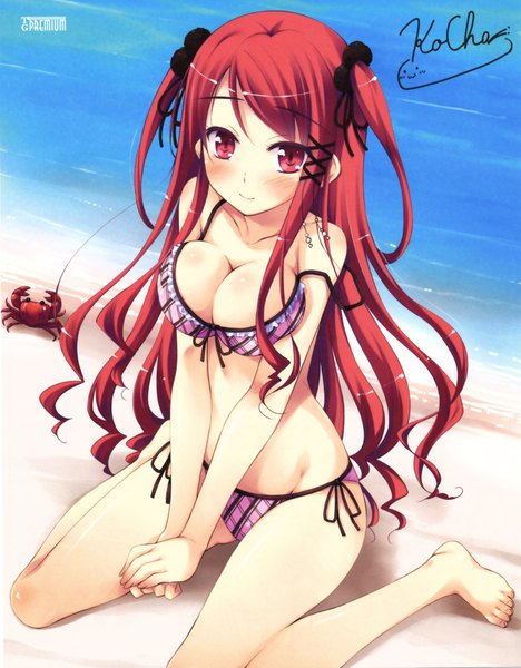 Anime picture 3242x4159 with witch's garden hinomiya ayari single long hair tall image blush highres breasts light erotic red eyes large breasts bare shoulders absurdres red hair barefoot spread legs beach girl swimsuit bikini