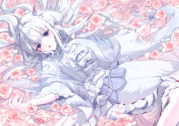Anime picture 1414x1000 with original misty cj single long hair looking at viewer fringe blue eyes silver hair lying on back hair bun (hair buns) spread arms girl dress flower (flowers) bow petals white dress rose (roses) pink rose